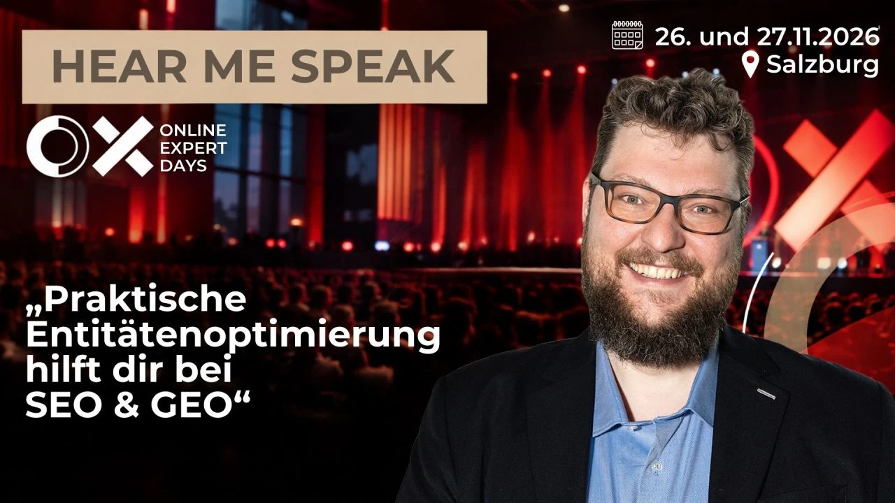 Ankündigungsgrafik der Online Expert Days mit Portrait von Maximilian D. Muhr und dem Vortragstitel zur SEOkomm 2026 in Salzburg