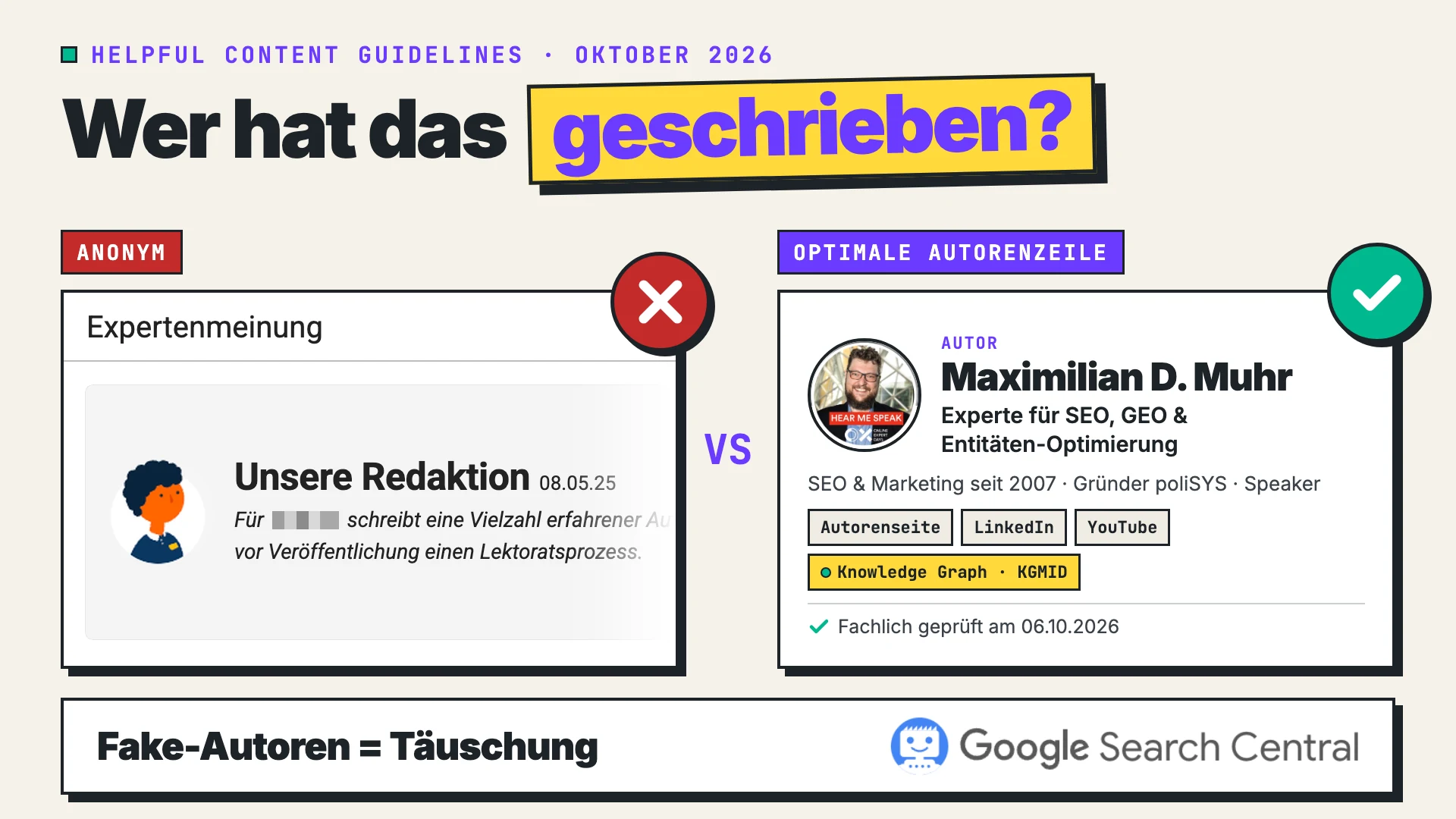 Gegenüberstellung der anonymen Autorenangabe "Unsere Redaktion" mit X und der Autorenzeile von Maximilian D. Muhr mit Haken