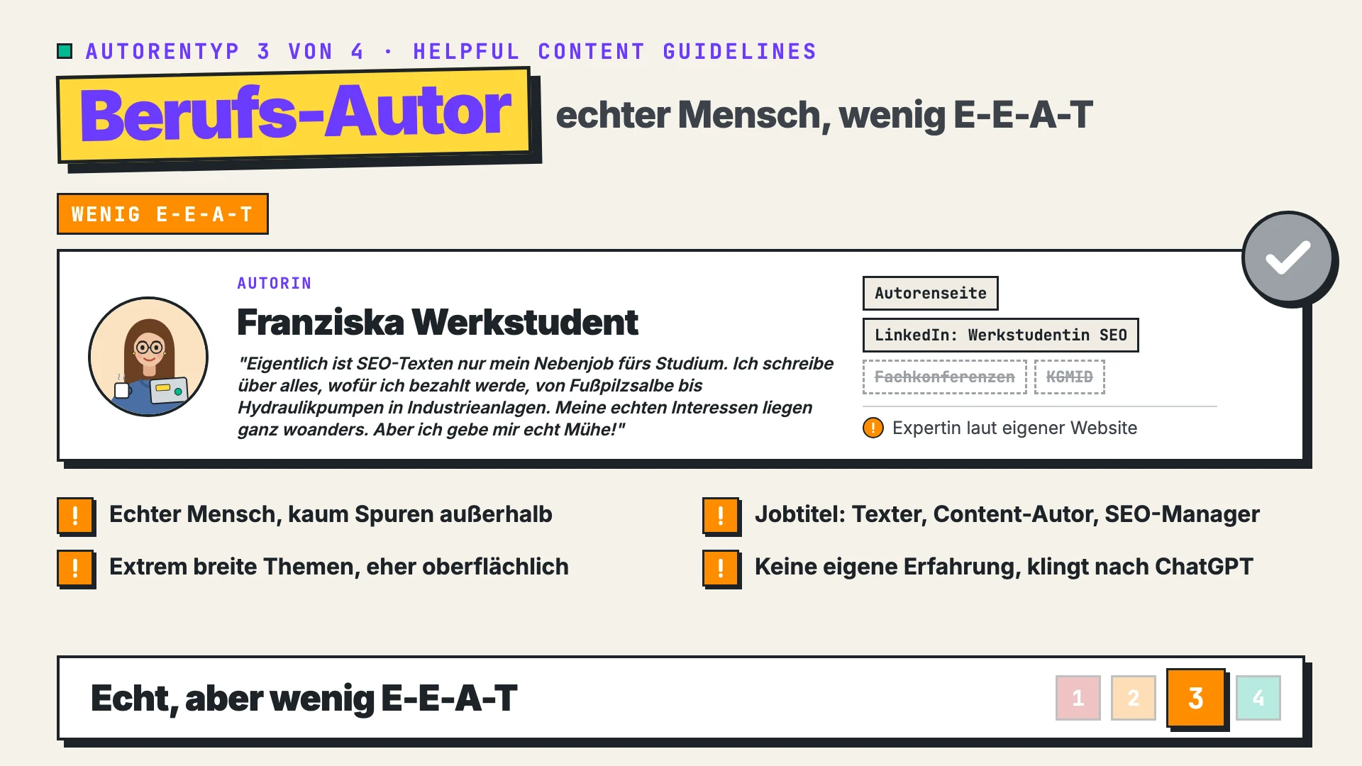 Beispiel Berufs-Autorin "Franziska Werkstudent": SEO-Texten als Nebenjob, Themen von Fußpilzsalbe bis Hydraulikpumpen